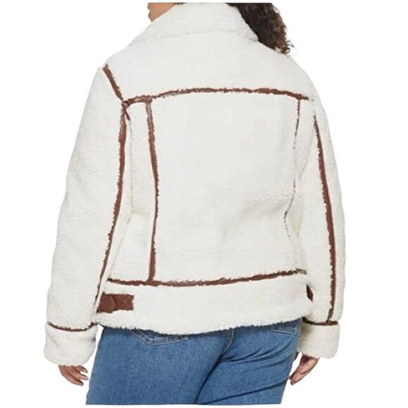 Levis Jacket WMNS 2X Cream Faux Sherpa Full Zip Brown Teddy Moto High Neck Cozy - Picture 13 of 15